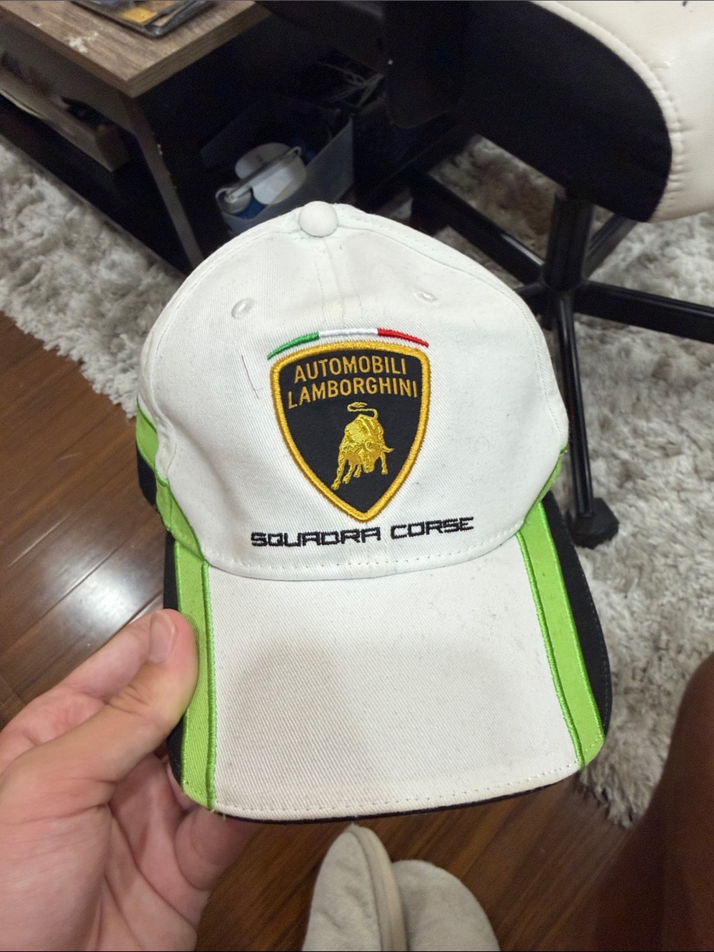 Lamborghini White Green Squadra Corse Embroidered Cap